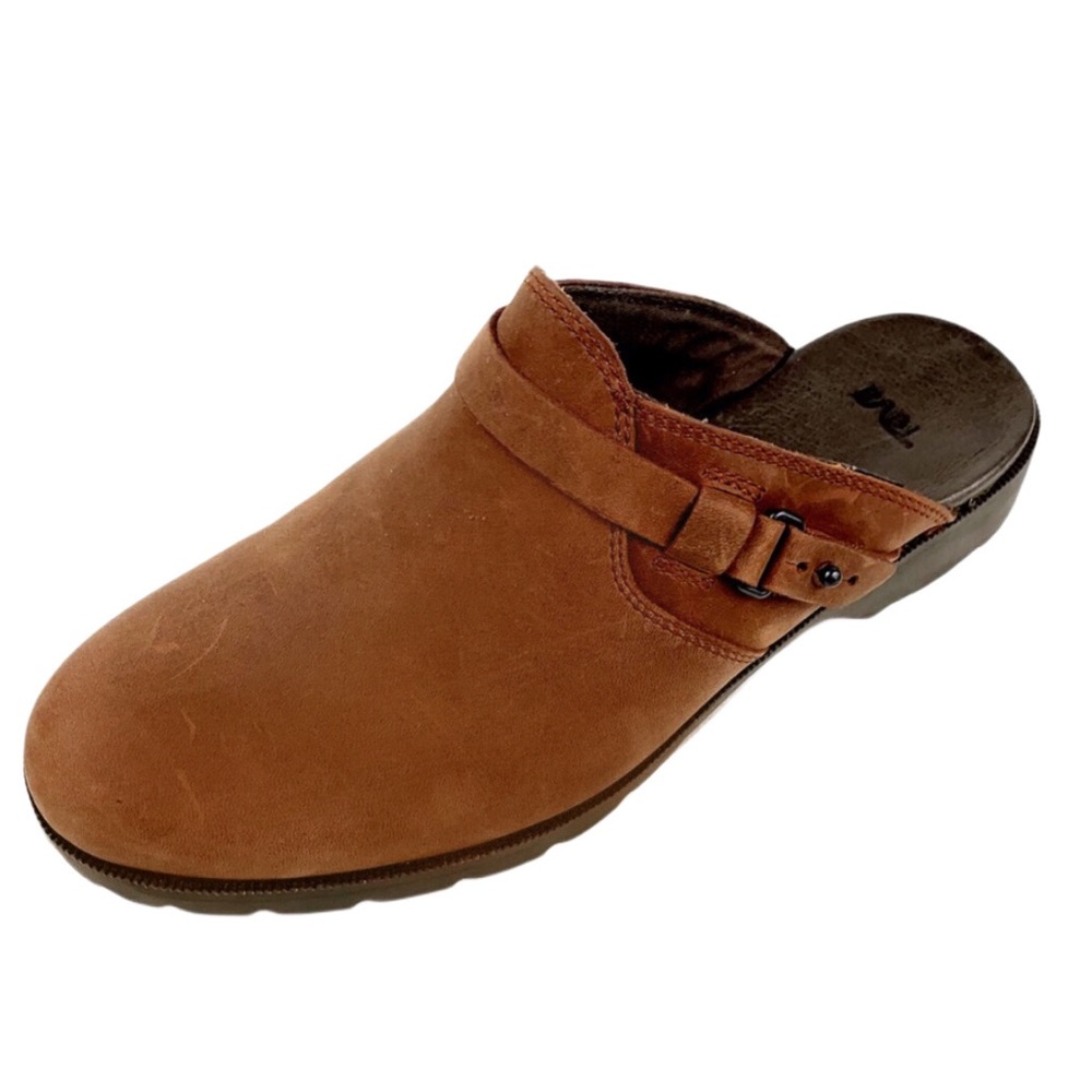 Teva Cheatnut Brown Leather Mules Size 7.